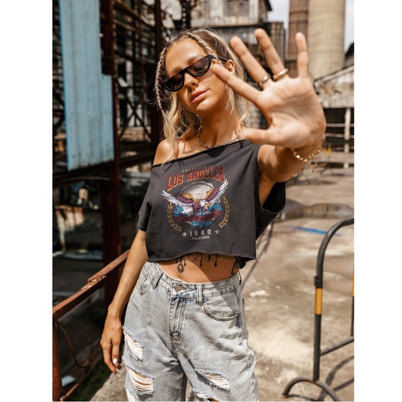 Gray Graphic Crop Tee Shirt California Los Angeles Eagle - Picture 2 of 7
